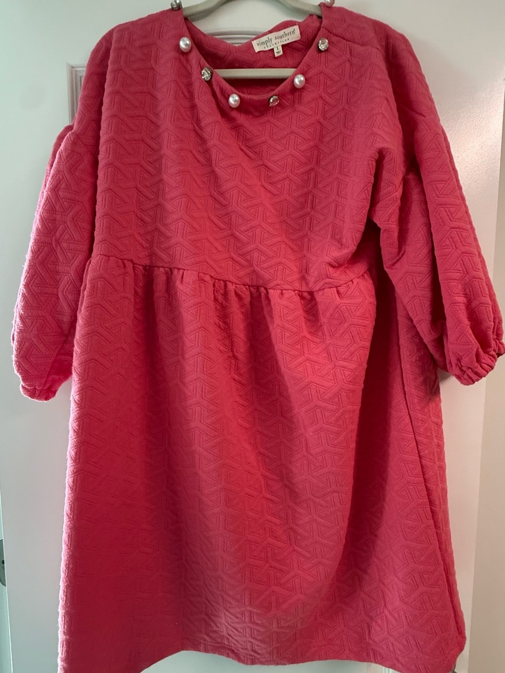 Simply Southern Hot Pink Textured Puff-Sleeve Dress with Pearl Trim